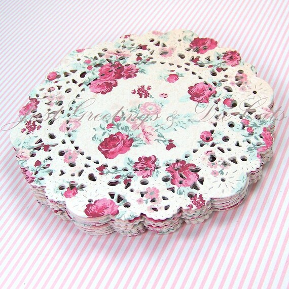 4 Handmade Paper Doilies Floral and Gingham Set of
