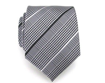 Mens Tie - Black and White Plaid Silk Necktie
