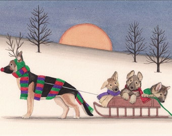 German shepherd as Rudolph taking family for sled ride / Lynch signed folk art print