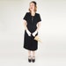 40s Black Rayon Pleat Skirt Dress with Silver Filigree Buttons M/L
