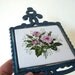 Vintage Cast Iron Ceramic Tile Trivet Wall Hanging Blue with Pink Roses