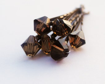 Chocolate Hair Pins Swarovski Crystal (wedding set of 6 Smoky Topaz bobby pins) -- Wedding Hair Accessory