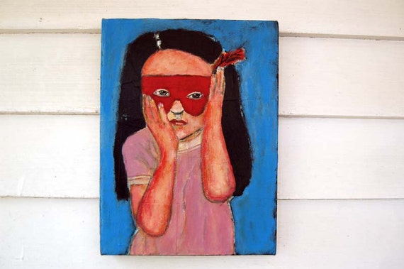 9x12 Original Acrylic Portrait Painting Little Girl wearing maroon masquerade mask  Superhero
