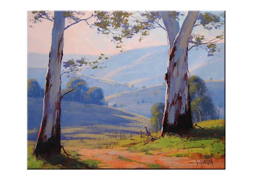 GUM TREES PAINTING Australian artwork Tree landscape Kangaroo