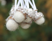 Christmas Ornaments Winter White Felted Acorns with Mica Flakes Tree Decorations Package Tie Ons Set of 8