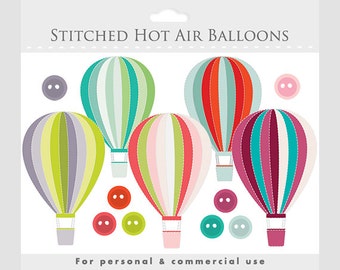 Hot air balloons clipart - stitched hot air balloon, clip art, stitching, buttons, multicolored, for personal and commercial use