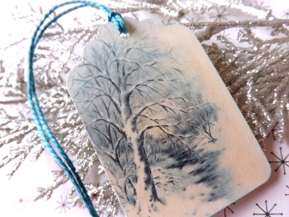 Vintage Winter Wood Scene tags // Blue and White // Wedding // Set of 6