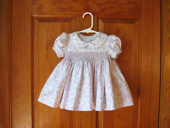 Hand smocked baby girl dress pink trailing roses on white Size