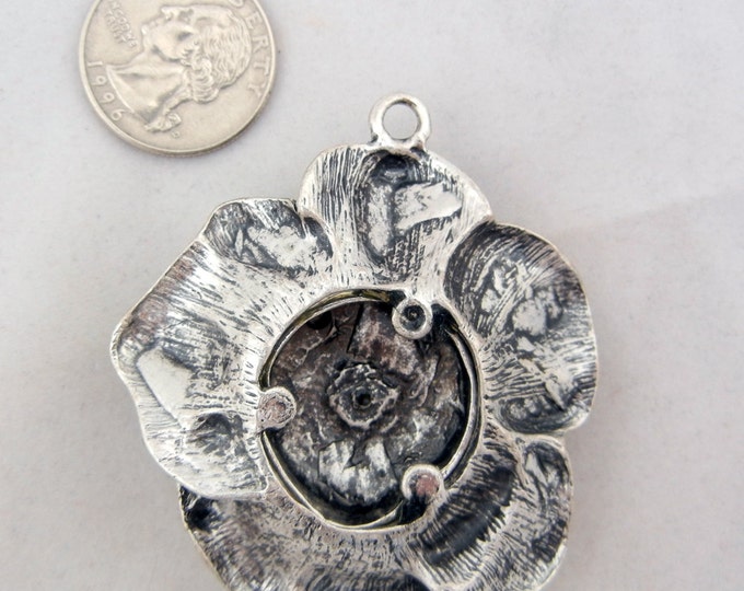 Large Rose Charm Pendant Rhinestone Center Antique Silver-tone