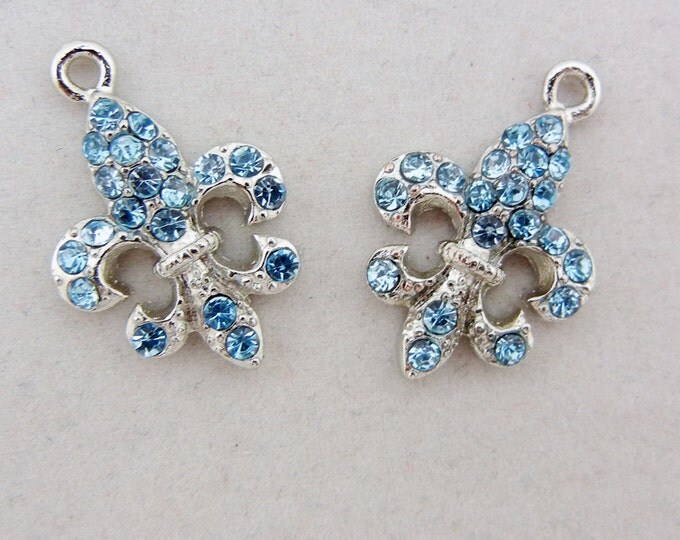 Pair of Silver-tone Light Blue Turquoise Rhinestone Fleur de Lis Charms