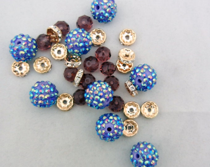 Set of Mixed Beads Iridescent Blue and Purple and Gold-tone