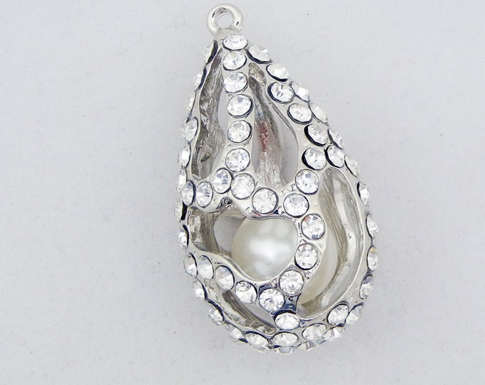 Dimensional Teardrop with Caged Faux Pearl Drop Charm Pendant