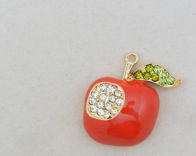 Gold-tone Red Epoxy Apple Pendant Rhinestone Bite