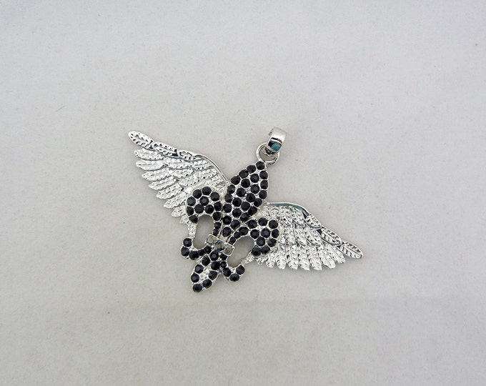 Black Rhinestone Fleur de Lis with Wings Pendant Silver-tone