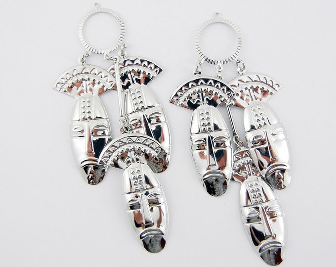 Pair of Silver-tone Primitive Mask Drop Charms