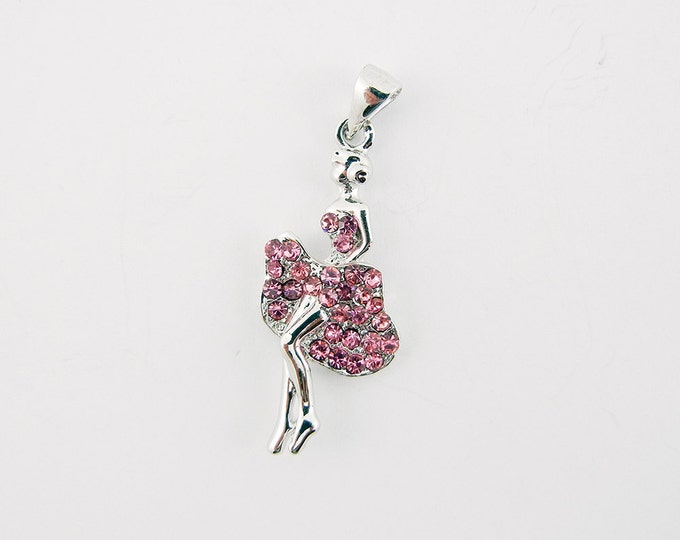 Pink Rhinestone Silver-tone Can Can Dancer Pendant