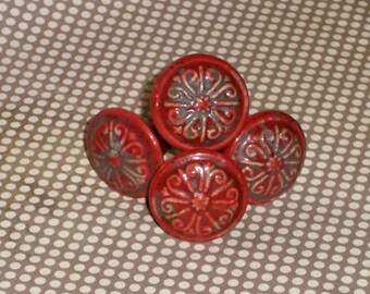 French Cottage Chic Red Distressed Ceramic Design Drawer Knob/Pull Knobs/Set of 4