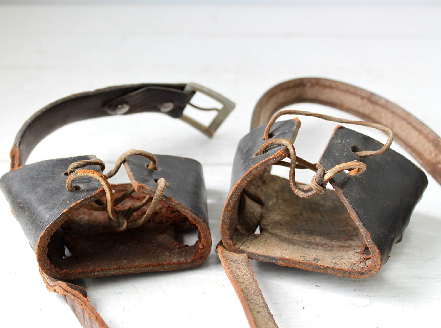 antique leather snowshoe bindings / 1920s vintage snow shoe