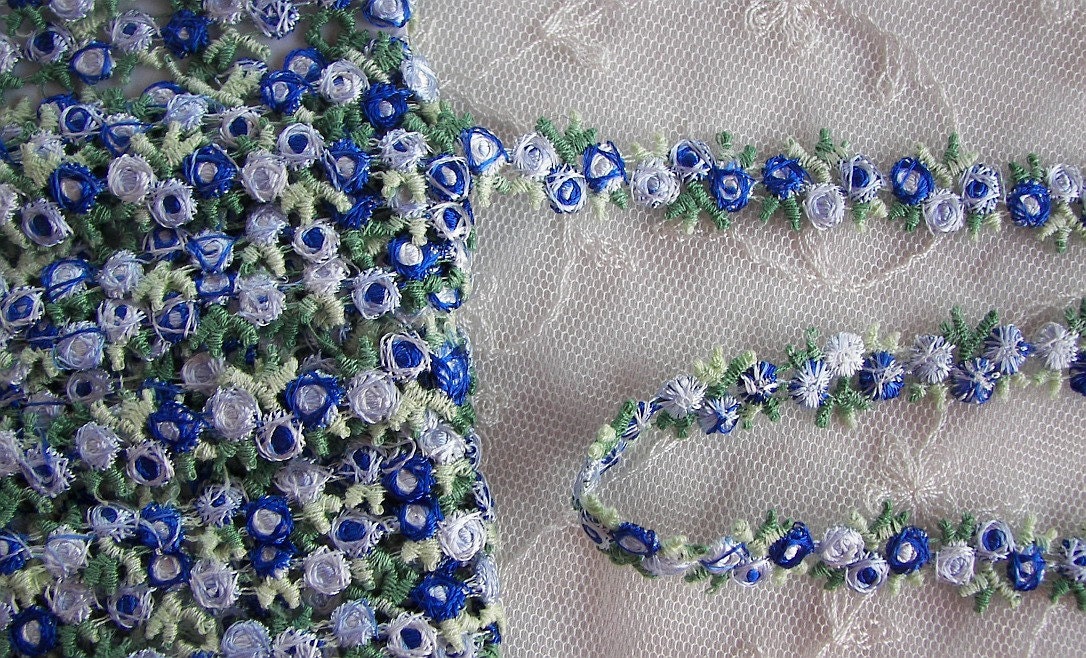 Embroidered Rose Bud Blue Flower Ribbon Trim Scrapbook Reborn