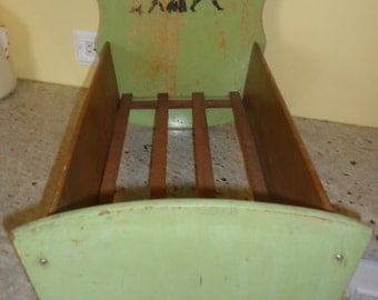 Charming Shabby Antique Doll Bed Folk Art 1940's wood toy doll cradle