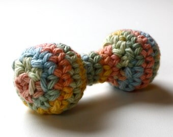 Creamy Soft - Blue, Pink,Green, Yellow Baby Rattle - Three months old and up-Crocheted Cotton over bells
