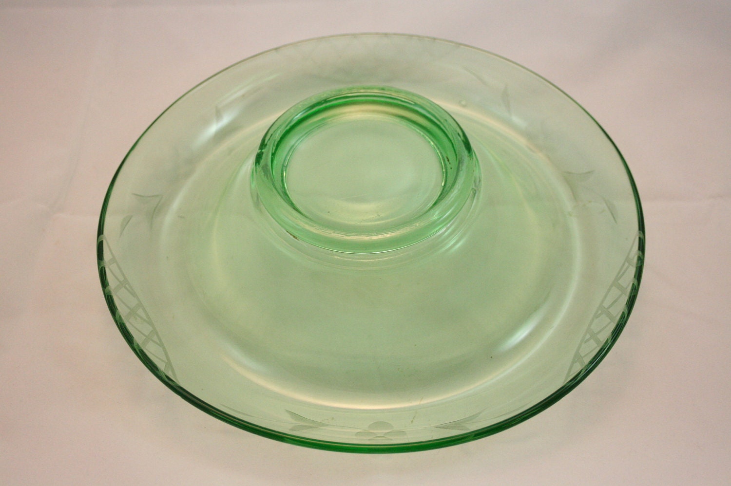 Green Etched Depression Glass Console Bowl Flower Basket Weave