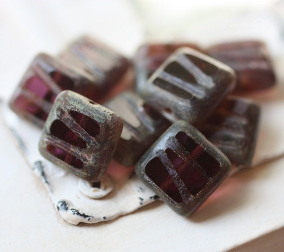 CARVED PLUMS .. 10 Picasso Czech Glass Square Beads 10mm (2550-10)