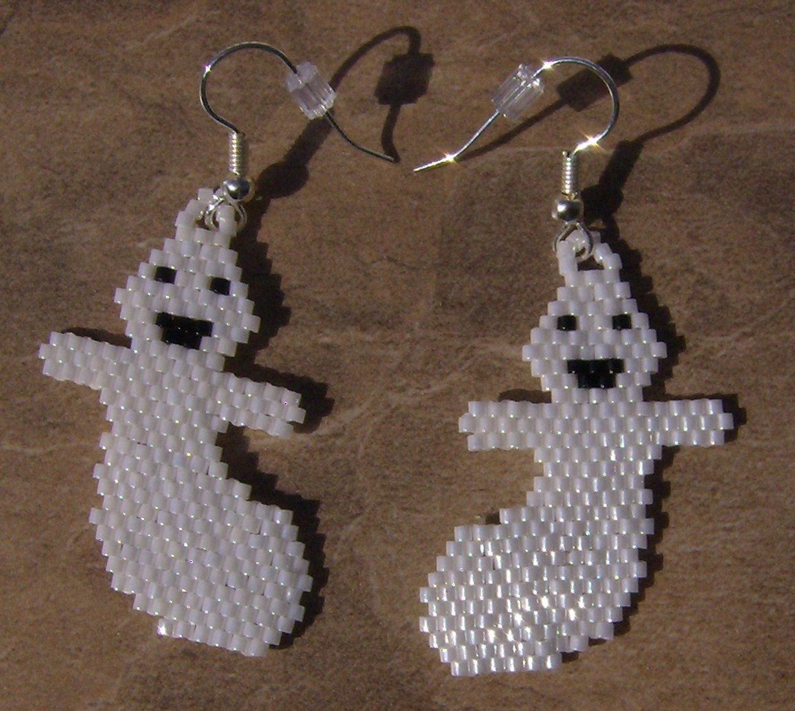 Ghost Earrings Hand Made Seed Beaded