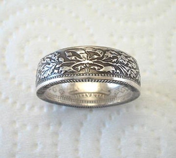 Sizes 6 1/2 10. Coin Ring. Swiss Helvetia Silver 2 Franc.