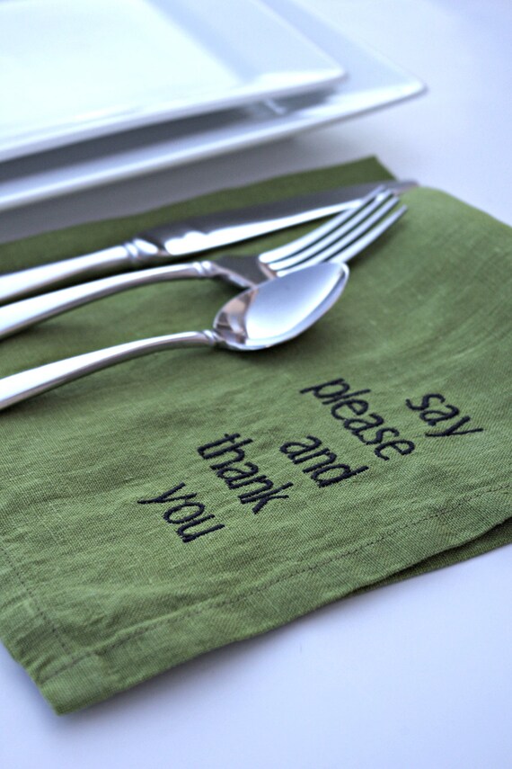 Items similar to Linen Napkins Manners Napkins in GRASS GREEN Napkins Hostess Gifts Typography