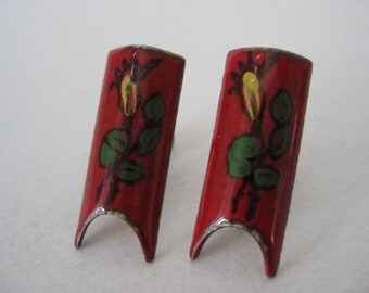 Flower Earrings Red Enamel Screw Vintage