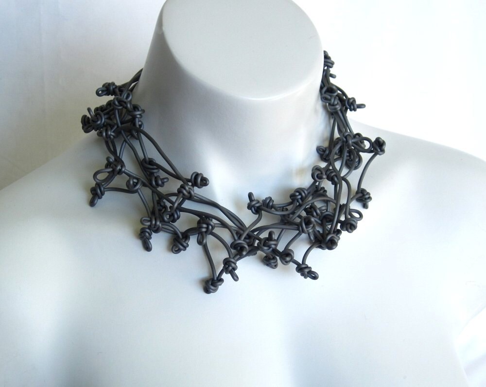 unique handmade rubber jewellery knotted silver grey necklace