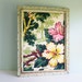 Bulletin Board Made from 1940s Hibiscus Blossom Bark Cloth and a Vintage Green Carved Frame