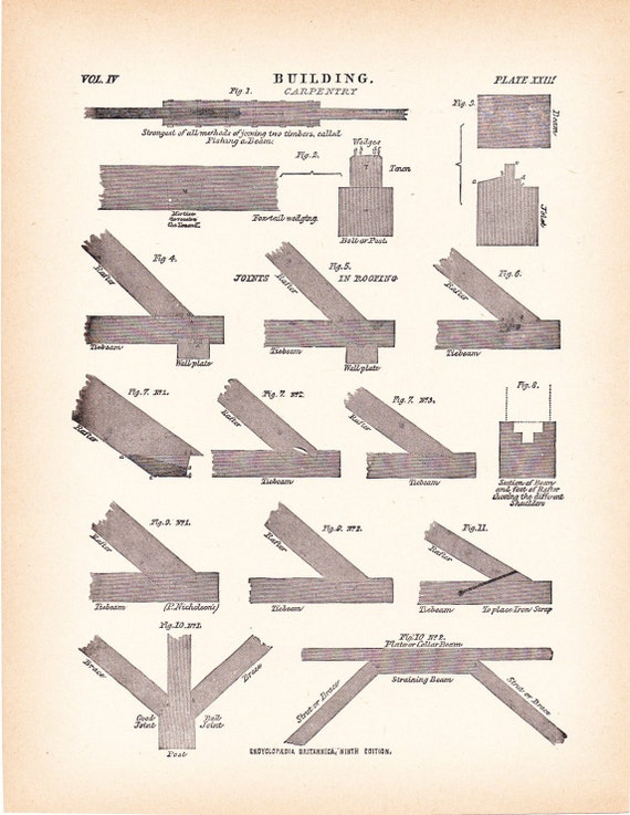 1892 Architecture Print Carpentry Building Diagram Vintage