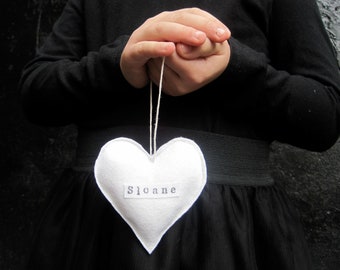 Personalized Ornament - Wool Felt Heart Christmas Ornament - Eco Friendly Love - White Home Decor - Modern Kids Baby Gift