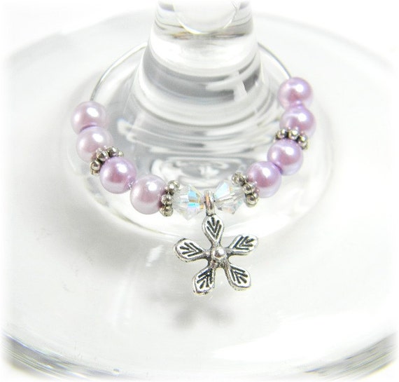 Flower Wine Charms Pastel With Crystal and Pearls Set of 6