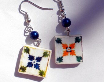 Portugal Lisbon Pasteis de Belem Facade Antique Tile Replica 1837 Earrings - waterproof and reversible 340