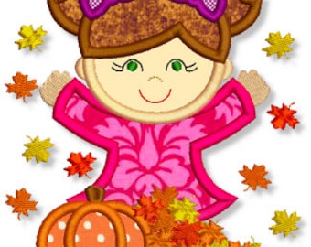 FALL LEAVES Girl Applique 4x4 5x7 6x10 7x11 Machine Embroidery Design INSTANT Download