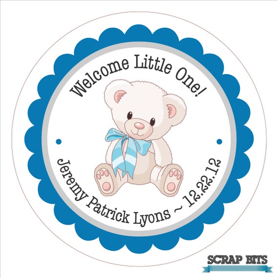 Teddy Bear With Bow . Personalized Baby Shower Stickers