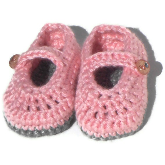 Items similar to Baby Booties, Crocheted, Mary Jane, Pink and Gray on Etsy