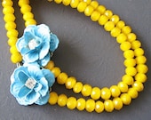 Flower Necklace Bridesmaid Jewelry Yellow Necklace Turquoise Jewelry Double Strand Beadwork