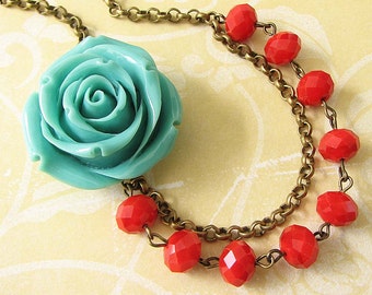 Statement Necklace Turquoise Jewelry Flower Necklace Red Necklace Beaded Necklace