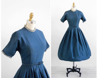 vintage 1950s dress / 50s dress / Blue Winter Dress with Knit Sweater Trim