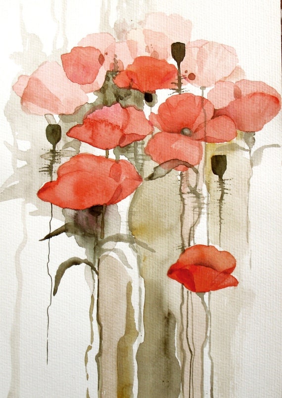 Red Poppies original watercolor painting / mixed media