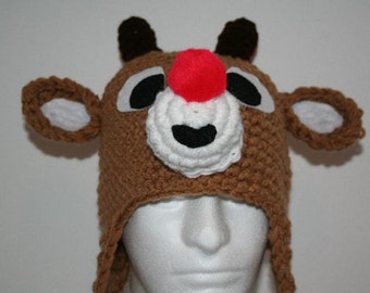 Red nosed reindeer hat - a one of a kind handmade hat - warm fun and unique