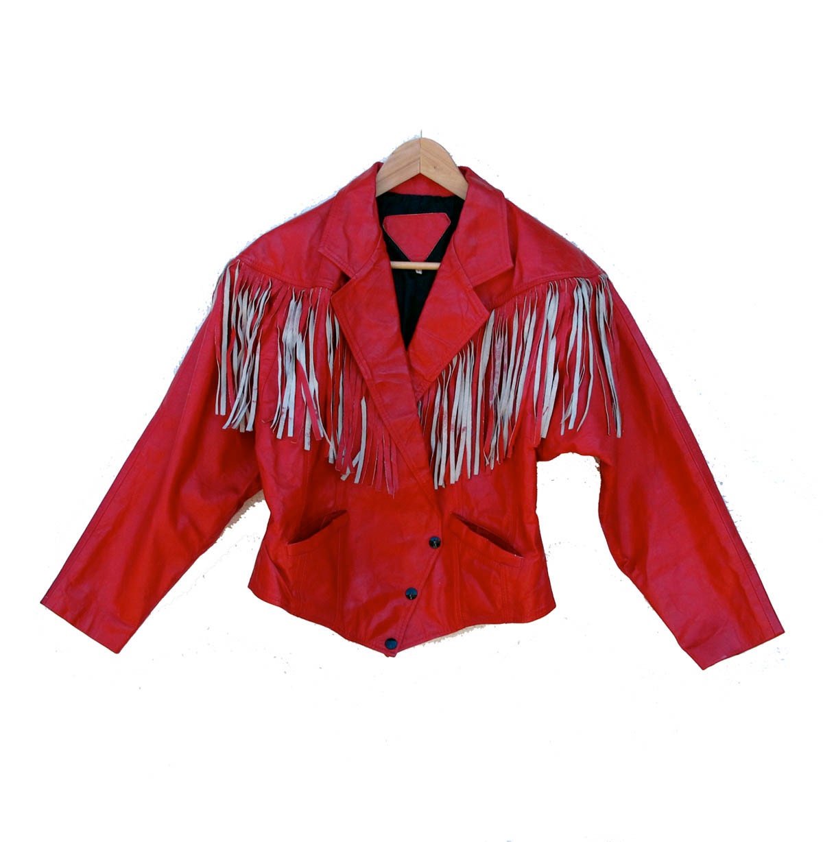 80s Leather Jacket Red Fringe Cropped Leather Jacket Ladies M