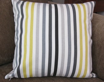 Decorative Pillow Cover, ONE 18" x 18", Citrus Yellow, White and Shades of Gray Stripe Print