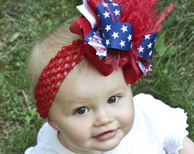 Patriotic Hairbow, Red White & Blue Bow, Over the Top Bows, OTT Hairbow, 4th of July Headband, Ostrich Feather Hair Bow, Pageant Hairbows