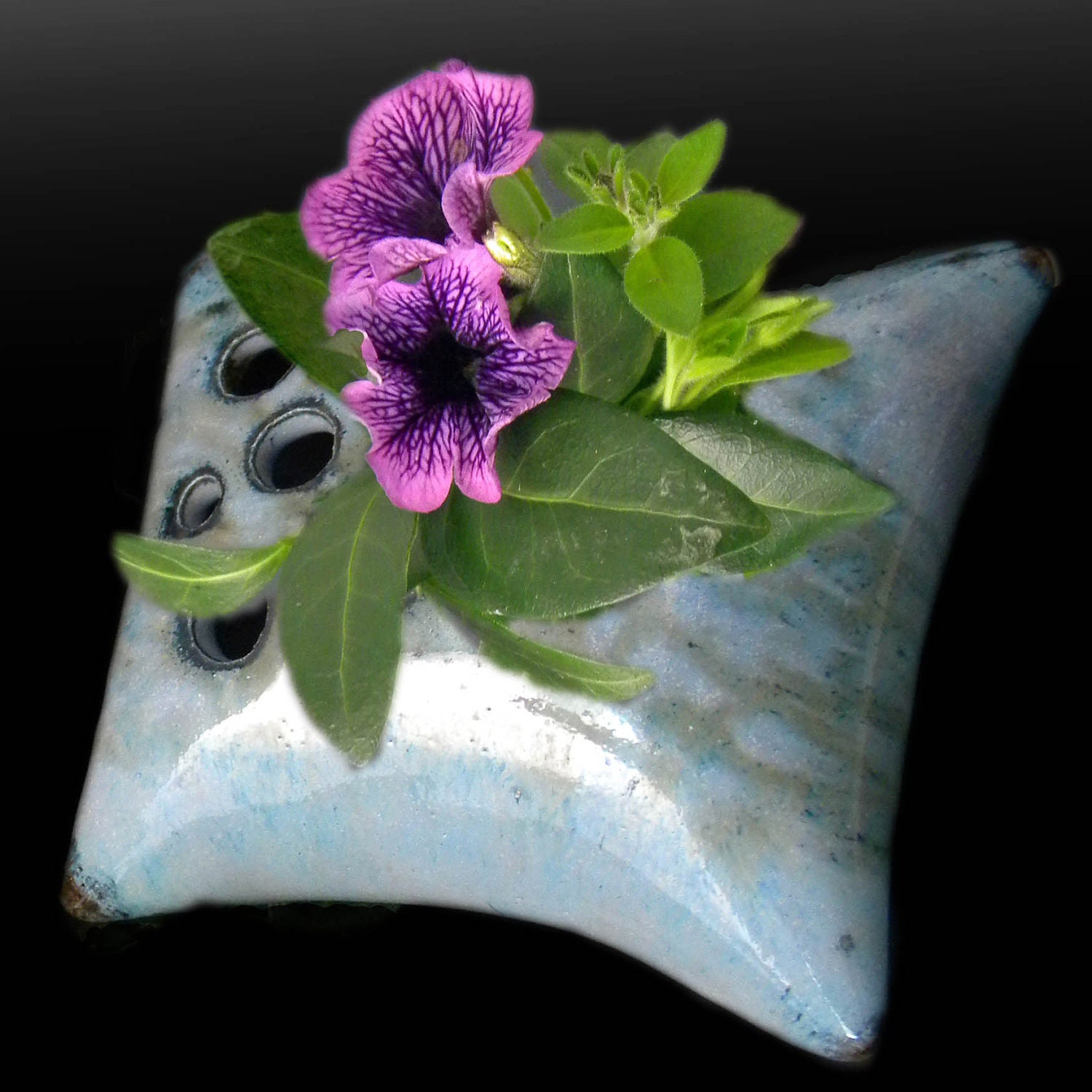 Clay Pillow Shaped Flower Vase Abstract Weeds Design