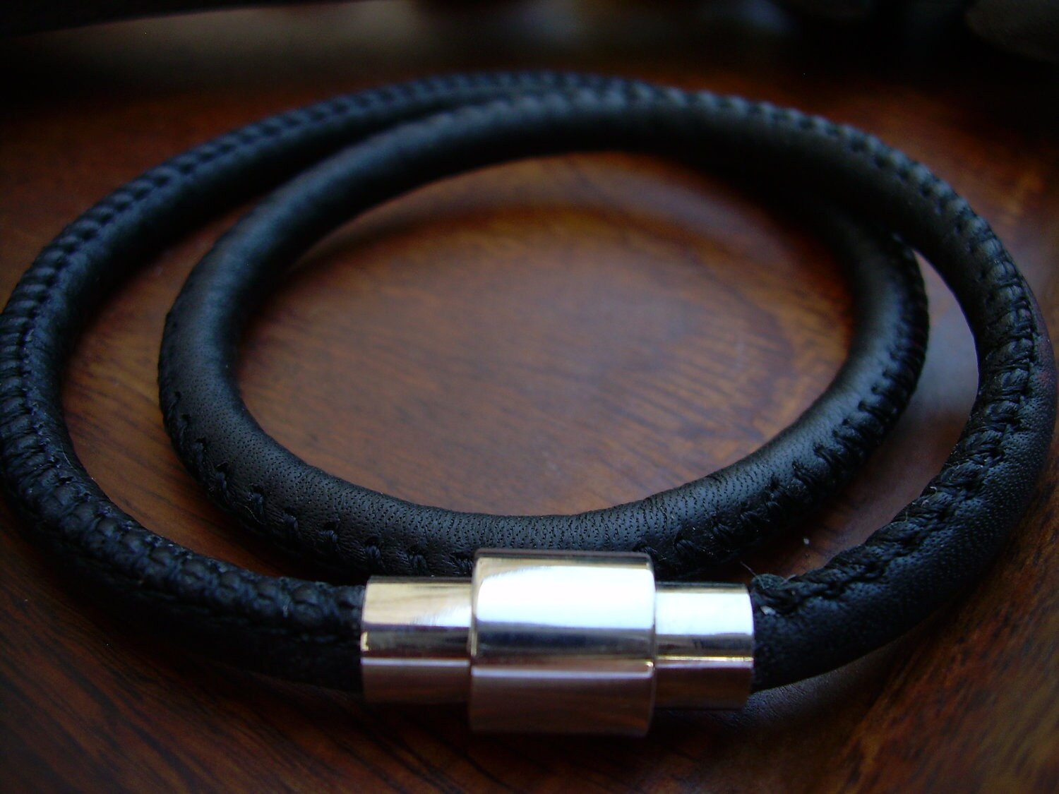 Leather Bracelet Double Wrap with Stainless Steel